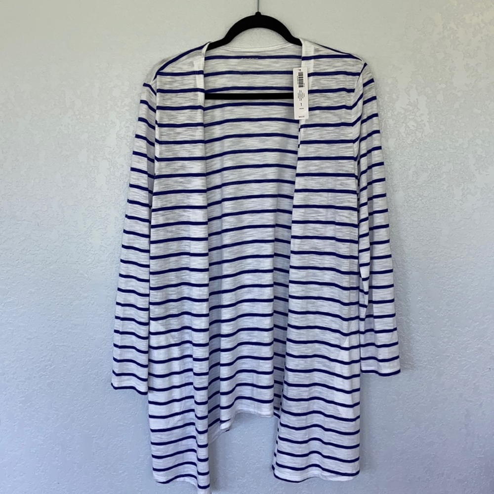 Chico’s White and Blue Striped Open Front Cardigan. Chico’s size 1. NWT.